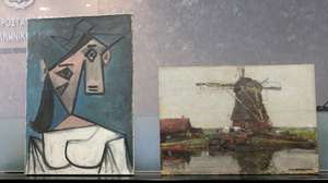 epa09310222 The stolen Picasso and Mondrian paintings, at a press conference, in Athens, Greece, 29 June 2021. The Greek police have recovered Pablo Picasso’s 'Head of a Woman' and Piet Mondrian’s 'Stammer Windmill', which had been stolen from the National Gallery in Athens in 2012. Police found the two paintings hidden in a gorge in Keratea, east Attica on Monday 28 June 2021. A 49-year-old man has been arrested.The perpetrators also removed an early 17th-century sketch attributed to the Italian Mannerist artist Guglielmo Caccia.  EPA/PANTELIS-SAITAS
