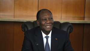 epa09900820 Ivory Coast's president Alassane Ouattara attends a government meeting at the Presidential Palace in Abidjan, Ivory Coast, 21 April 2022. Ivory Coast President Alassane Ouattara on 19 April 2022 said he had appointed Tiemoko Meyliet Kone, the governor of the Central Bank of West African States (BCEAO), as his vice president.  EPA/LEGNAN KOULA