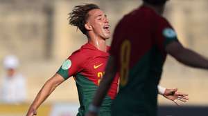 epa10744204 Hugo Felix of Portugal celebrates scoring the second goal during the UEFA 2023 Under-19 EURO semi-final soccer match between Portugal and Norway, in Paola, Malta, 13 July 2023.  EPA/Domenic Aquilina