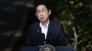 epa10806325 Prime Minister of Japan Kishida Fumio speaks during a joint press conference with President of South Korea Yoon Suk Yeol and US President Joe Biden during the trilateral summit at Camp David, Maryland, USA, 18 August 2023. Biden hosts a trilateral summit with South Korean President Yoon Suk Yeol and Prime Minister of Japan Kishida Fumio to bolster relations and to discuss global security and trade issues.  EPA/MICHAEL REYNOLDS