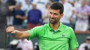 epa11210327 Novak Djokovic of Serbia reacts after his win against Aleksandar Vukic of Australia during the BNP Paribas Open tennis tournament in Indian Wells, California, USA, 09 March 2024.  EPA/RAY ACEVEDO
