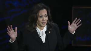 epa11597638 Democratic presidential candidate US Vice President Kamala Harris responds to Republican presidential candidate Donald J. Trump during a presidential debate hosted by ABC News at the National Constitution Center in Philadelphia, Pennsylvania, USA 10 September 2024.  The 90 minute event is the only planned debate between the two candidates in the 2024 presidential election.  EPA/DEMETRIUS FREEMAN / POOL