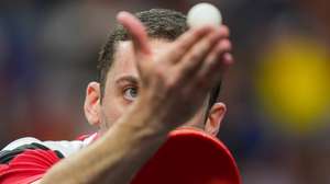 O Atleta português Marcos Freitas, durante o jogo de ténis de mesa frente ao brasileiro Guilherme Teodoro (ausente na fotografia) a contar para os Jogos Olímpicos de Paris, que decorrem na cidade entre 29 de julho e 11 de agosto, em Paris, França, 5 de agosto de 2024. HUGO DELGADO/LUSA
