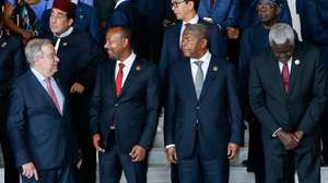epa11898072 (L-R) Secretary-General of the United Nations Antonio Guterres, Ethiopian Prime Minister Abiy Ahmed, Angola President Joao Lourenco, and outgoing chairperson of the African Union Moussa Faki prepare to take part in a group photo during the 38th Ordinary Session of the Assembly of Heads of State and Government of the African Union in Addis Ababa, Ethiopia, 15 February 2025. Lourenco has assumed the role of Chairperson of the African Union.  EPA/MINASSE WONDU HAILU
