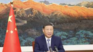 epa12049469 Chinese President Xi Jinping delivers a speech via video link at the Leaders Meeting on Climate and the Just Transition, in Beijing, China, 23 April 2025.  EPA/XINHUA / HUANG JINGWEN CHINA OUT / UK AND IRELAND OUT  /       MANDATORY CREDIT EDITORIAL USE ONLY