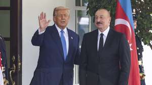 epa12290283 US President Donald Trump (L) welcomes President of Azerbaijan Ilham Aliyev (R) to the White House in Washington, DC, USA, 08 August 2025. Trump is hosting a trilateral meeting with Aliyev and Prime Minister of Armenia Nikol Pashinyan at the White House.  EPA/JIM LO SCALZO
