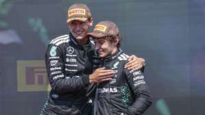 epa12177955 Mercedes driver George Russell of Britain (L) celebrates first place next to the third Mercedes driver Andrea Kimi Antonelli of Italy in the podium after the Formula 1 Grand Prix of Canada at the Circuit Gilles-Villeneuve in Montreal, Canada, 15 June 2025. during the Formula 1 Grand Prix of Canada at the Circuit Gilles-Villeneuve in Montreal, Canada, 15 June 2025.  EPA/SHAWN THEW