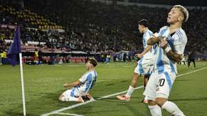 epa12456881 Mateo Silvetti (L) of Argentina celebrates a goal during the semi-final soccer match of the FIFA U-20 World Cup between Argentina and Colombia in Santiago, Chile, 15 October 2025.  EPA/OSVALDO VILLARROEL