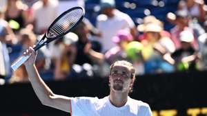 epa12657849 Alexander Zverev of Germany celebrates after winning the Men’s 1st round match against Gabriel Diallo of Canada on day 1 of the 2026 Australian Open tennis tournament at Melbourne Park in Melbourne, Sunday, January 18, 2026.  EPA/JOEL CARRETT AUSTRALIA AND NEW ZEALAND OUT