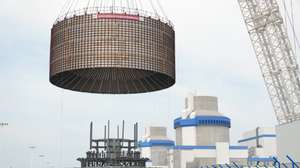 epa12283034 A crane lifts the CB20 module of the nuclear island for the 3rd unit of the Haiyang Nuclear Power Plant in Haiyang, Shandong Province, China, 04 August 2025. The CB20 module was successfully lifted and positioned, marking the completion of all major module installations for the 3rd unit of the Haiyang Nuclear Power Plant and the start of equipment installation and commissioning phase.  EPA/XINHUA / Tang Ke CHINA OUT / UK AND IRELAND OUT  /       MANDATORY CREDIT EDITORIAL USE ONLY