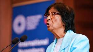 epa13291947 South African lawyer Navi Pillay speaks during a press conference at the International Nuremberg Principles Academy in Nuremberg, Germany, 09 October 2026. Pillay, a human rights defender and former United Nations High Commissioner for Human Rights, was awarded the 2026 Nobel Peace Prize for 'her efforts to promote peace and international law'.  EPA/DAVIDE ELIAS