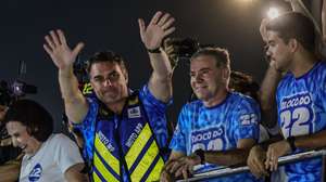 epa13321511 Brazilian presidential candidate for the Liberal Party, Flavio Bolsonaro (2-L), greets supporters during a campaign event called 'bloquinho 22' in Fortaleza, Ceara, Brazil, 21 October 2026. The Brazilian presidential runoff election is scheduled to take place on 25 October 2026.  EPA/Jarbas Oliveira
