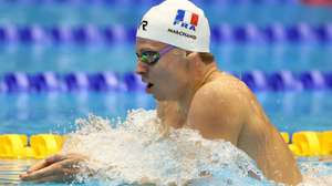 epa10763362 Leon Marchand of France competes in the Men's 400m Individual Medley heats of the Swimming events during the World Aquatics Championships 2023 in Fukuoka, Japan, 23 July 2023.  EPA/KIYOSHI OTA