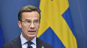epa10804154 Sweden's Prime Minister Ulf Kristersson speaks during a news conference regarding the deteriorating security situation, in Stockholm, Sweden, 17 August 2023. The terror threat level in Sweden was raised to four on a five-point scale.  EPA/Henrik Montgomery  SWEDEN OUT