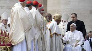 epa11670821 Pope Francis greets clergymen during the Holy Mass and canonization of 14 saints at the Saint Peter&#039;s Square in the Vatican City, 20 October 2024. Pope Francis is presiding over the canonization of 14 people, including eleven men - eight Franciscan friars and three lay Maronites - known collectively as the &#039;Martyrs of Damascus&#039; murdered in 1860.  EPA/MASSIMO PERCOSSI