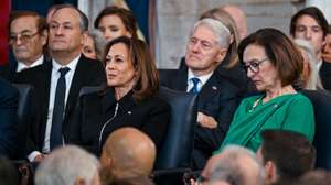 epa11840042 US Vice President Kamala Harris and Senator Deb Fischer listen during the inauguration of Donald Trump as the 47th president of the United States takes place inside the Capitol Rotunda of the U.S. Capitol building in Washington, D.C., USA, 20 January 2025. It is the 60th U.S. presidential inauguration and the second non-consecutive inauguration of Trump as U.S. president.  EPA/KENNY HOLSTON / POOL
