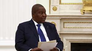 epa11828535 President of the Central African Republic Faustin-Archange Touadera speaks during a meeting with the Russian president during the former's visit to Moscow, Russia, 16 January 2025.  EPA/EVGENIA NOVOZHENINA / POOL