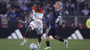 epa13279695 Gianluca Prestianni (R) of Argentina challenges Bama of Burkina Faso for the ball during a friendly match between the Argentina and Burkina Faso national teams in Buenos Aires Argentina, 03 October 2026.  EPA/JUAN IGNACIO RONCORONI