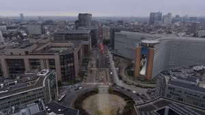 epa10166167 Aerial view of the European district and schuman roundabout in Brussels with European council building (L) and European Commission headquarters building (R), also called Berlaymont, in Brussels, Belgium, 07 September 2022.  EPA/OLIVIER HOSLET