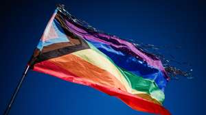 epa10852781 A pride flag waves over the memorial during a commemoration ceremony for the queer victims of the concentration camp Sachsenhausen in Oranienburg near Berlin, Germany, 10 September 2023. In 1942, hundreds of members of the the LGBT community, so-called 'pink triangle' prisoners, of the concentration camp sub-camp 'Klinkerwerk Oranienburg' were murdered in an assassination action. On 10 September 2023, dozens of participants commemorated the victims with speeches, music, and art performances.  EPA/CLEMENS BILAN