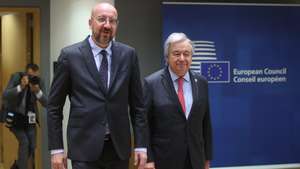 epa11233853 European Council President Charles Michel (L) and United Nations Secretary-General Antonio Guterres during the European Council meeting in Brussels, Belgium, 21 March 2024. EU leaders are expected to address security and defence, continued support to Ukraine and the situation in the Middle-East as well as the EU's enlargement, external relations, migration, agriculture and the European Semester during a two-day summit.  EPA/OLIVIER HOSLET