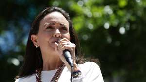 epa11569660 Venezuelan opposition leader Maria Corina Machado gives a speech to supporters at a rally in Caracas, Venezuela, 28 August 2024. Machado said that &#039;not a single democratic government in the world has recognized&#039; the re-election of Nicolas Maduro, whose victory in the July 28 presidential election she considers a &#039;fraud&#039;, as does a large part of the international community.  EPA/RONALD PENA