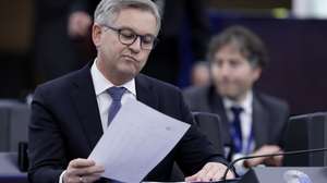 epa12003195 Magnus Brunner, European Commissioner for Internal Affairs and Migration, reacts before a debate on the 'Presentation of the New European Internal Security Strategy' at the European Parliament in Strasbourg, France, 01 April 2025. The EU Parliament's session runs from 31 March to 03 April 2025.  EPA/RONALD WITTEK