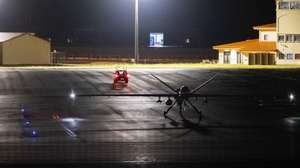 Drone norte-americano MQ-9 Reaper, aeronave militar não tripulada conhecida como "drone assassino" na Base Aérea das Lajes, Praia da Vitória, Terceira, Açores, Portugal. 3 de abril de 2026, ANTÓNIO ARAÚJO/ LUSA