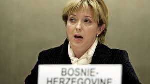 epa00955200 Deputy Foreign Minister of Bosnia Herzegovina, Ana Trisic Babic, delivers a speech, during the 4th UN Human Rights Council at the European headquarters of the United Nations in Geneva, Switzerland, Tuesday, 13 March 2007. The Human Rights Council opened the second day of three-week session with member states and top officials.  EPA/SALVATORE DI NOLFI