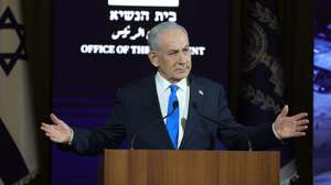 epa13107015 Israel's Prime minister Benjamin Netanyahu speaks during a ceremony marking the 50th anniversary of Operation Entebbe at the President's Residence in Jerusalem, 12 July 2026. Operation Entebbe took place in July 1976, when Israel sent a special forces unit to rescue 106 Israeli passengers who had been hijacked by German and Palestinian militants and held at Entebbe Airport in Uganda. The hostages were freed during an Israeli special forces raid. The commander of the operation, Yoni (Yonatan Netanyahu), the brother of Prime Minister Benjamin Netanyahu, was killed during the rescue mission.  EPA/ABIR SULTAN