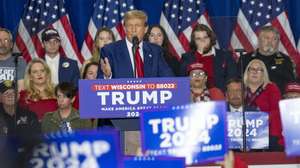 epa11256305 Former President Donald J. Trump speaks during a rally at the Hyatt Regency Green Bay in Green Bay, Wisconsin, USA, 02 April 2024.  EPA/ANDY MANIS