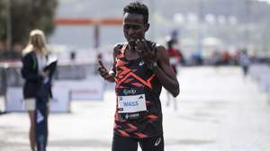 Djiboutian runner Abdi Waiss celebrates after won the Lisbon Half Marathon, in Lisbon, Portugal, 09 March 2025. FILIPE AMORIM/LUSA