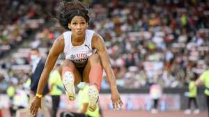 epa09457814 Patricia Mamona of Portugal competes in the women's Triple Jump during the Weltklasse IAAF Diamond League international athletics meeting at the Letzigrund stadium in Zurich, Switzerland, 09 September 2021.  EPA/JEAN-CHRISTOPHE BOTT