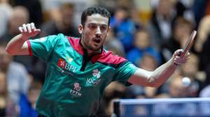 epa10392666 Marcos Freitas of Portugal in action against Samuel Kulczycki of Poland during the Men's Table Tennis ETTU European Team Championships Qualification match between Poland and Portugal in Poznan, Poland, 06 January 2023.  EPA/Pawel Jaskolka POLAND OUT