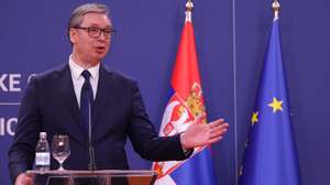 epa12095595 Serbian President Aleksandar Vucic talks during the press conference with the President of the European Council Antonio Costa following their meeting in Belgrade, Serbia, 13 May 2025. The President of the European Council, Antonio Costa is on an official visit to Serbia.  EPA/ANDREJ CUKIC