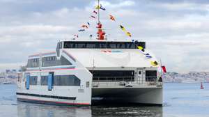 O Navio Leader “Cegonha Branca”, o 1.º navio elétrico da TTSL - Transtejo Soflusa,  foi esta manhã inaugurado pelo primeiro-ministro, António Costa, e pelo ministro do Ambiente e da Ação Climática, Duarte Cordeiro (ausentes da fotografia), no Terminal Fluvial do Seixal, 28 de novembro de 2023. ANTÓNIO COTRIM/LUSA