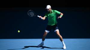 epa12669469 Novak Djokovic of Serbia in action during the men's second round match against Francesco Maestrelli of Italy on day 5 of the 2026 Australian Open tennis tournament at Melbourne Park in Melbourne, Australia, 22 January 2026.  EPA/JOEL CARRETT AUSTRALIA AND NEW ZEALAND OUT