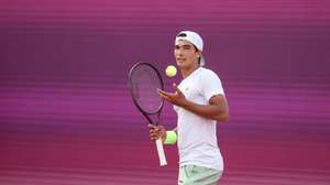 Portuguese tennis player Henrique Rocha in action during the match played against French player Gael Monfils on the third day of the 2024 ATP Estoril Open, in Estoril, Portugal, 03 April 2024. CARLOS M. ALMEIDA
