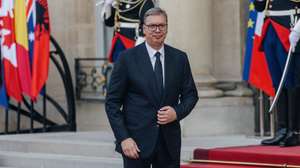 epa13109474 Aleksandar Vucic, President of Serbia, arrives for a dinner at the Elysee Palace for Heads of State and Government of the Volunteer Coalition on the eve of the Bastille Day parade, Paris, France, 13 July 2026.  EPA/VALENTINA CAMU