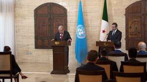 epa13132250 UN Secretary-General Antonio Guterres (L) speaks during a joint press conference with Syrian Foreign Minister Asaad Shaibani (R) in Damascus, Syria, 25 July 2026. The visit is the first by a United Nations secretary-general to Damascus since 2009.  EPA/MOHAMMED AL-RIFAI