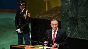 epa13258496 Polish President Karol Nawrocki speaks during the General Debate of the 81st session of the United Nations General Assembly at United Nations Headquarters in New York, New York, USA, 23 September 2026.  EPA/RADEK PIETRUSZKA POLAND OUT