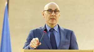 epa11182098 UN High Commissioner for Human Rights Volker Turk delivers his remarks, during the opening of the High-Level Segment of the 55th session of the Human Rights Council at the European headquarters of the United Nations in Geneva, Switzerland, 26 February 2024.  EPA/SALVATORE DI NOLFI