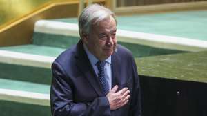 epa12399759 Secretary-General of the United Nations Antonio Guterres reacts to the applause following his opening remarks at the General Debate of the 80th session of the United Nations General Assembly (UNGA) at the United Nations headquarters in New York, USA, 23 September 2025.  EPA/SARAH YENESEL