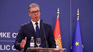 epa12600586 Serbian President Aleksandar Vucic talks during a joint press conference with the Georgian president following their meeting in Belgrade, Serbia, 18 December 2025. The Georgian president is on an official visit to Serbia.  EPA/ANDREJ CUKIC
