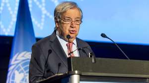 epa13090555 UN Secretary-General Antonio Guterres addresses the opening ceremony of the Global Dialogue on AI Governance at Palexpo in Geneva, Switzerland, 06 July 2026. The first session of the Global Dialogue on AI Governance is being held in Geneva on 06 and 07 July 2026. A second session will take place in New York in May 2027.  EPA/SALVATORE DI NOLFI