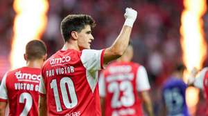 Sporting de Braga player Pau Víctor celebrates after scoring a goal against Austria Wien during the UEFA Conference League Play-off 1st leg soccer match held in Braga, Portugal, 20 August 2026. HUGO DELGADO/LUSA