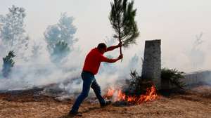 Um popular combate um incêndio e protege habitações em Torre de Gandufe em Mangualde, 17 de setembro de 2024. Desde domingo, as chamas chegaram aos distritos do Porto, em Gondomar, de Braga, em Cabeceiras de Basto, de Viseu, em Penalva do Castelo e Nelas (com seis feridos), e de Castelo Branco, em Louriçal do Campo. Mas foi o distrito de Aveiro, com 10 mil hectares já ardidos, o centro dos maiores focos de incêndio, em Oliveira de Azeméis, Sever do Vouga, Albergaria-a-Velha e Águeda. MIGUEL PEREIRA DA SILVA/LUSA