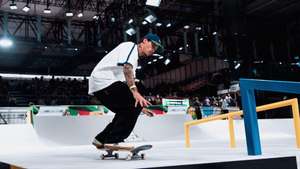epa11344822 Nyjah Huston of USA competes in the Skateboarding Men's Street preliminaries during the Olympic Qualifier Series Shanghai 2024 in Shanghai, China, 16 May 2024.  EPA/ALEX PLAVEVSKI