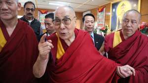 epa07948873 Tibetan spiritual leader the Dalai Lama (C), during an event to meet students and faculty members of the educational course on Ancient Indian Wisdom at Dharamsala, India, 25 October 2019. The Government College Dharamsala has recently started a 6-month certificate course in Ancient Indian Wisdom which has been approved by the Himachal Pradesh government’s educational body.  EPA/SANJAY BAID