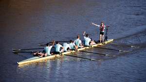 epa11251785 Cambridge men's team rowers celebrate winning the Oxford-Cambridge Boat Race 2024 along the River Thames, London, Britain, 30 March 2024.  EPA/DAVID CLIFF